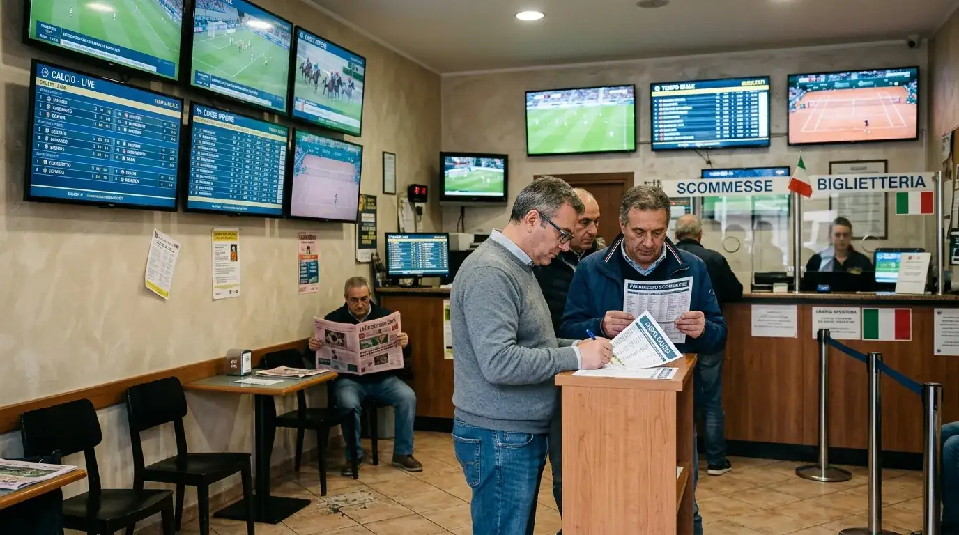 Interno di un'agenzia di scommesse italiana con schermi che trasmettono incontri
