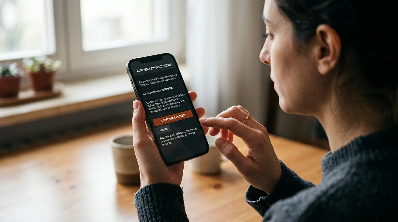 Schermo di smartphone con form di autoesclusione e mano che lo tiene