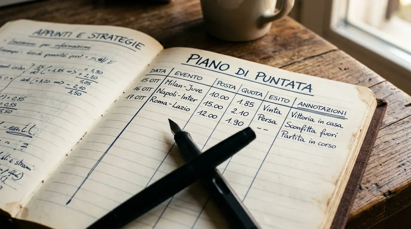 Quaderno aperto con piano di staking e gestione del bankroll annotati a mano accanto a una penna nera