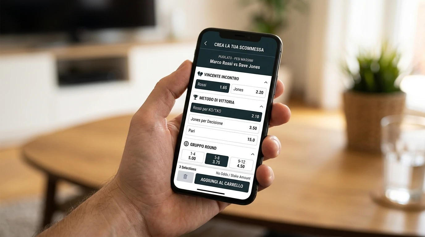 Schermo di smartphone con interfaccia bet builder per combinare piu mercati sullo stesso incontro di boxe