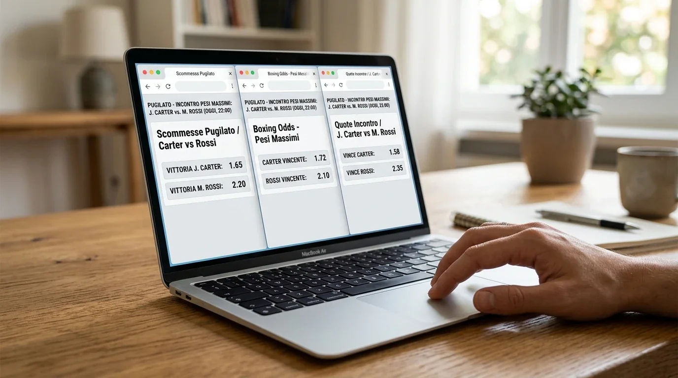 Laptop con tre schede del browser aperte per confrontare quote pugilato tra bookmaker ADM diversi