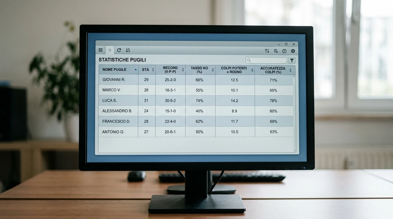 Schermata con statistiche di pugili professionisti e record CompuBox per analisi pre-match