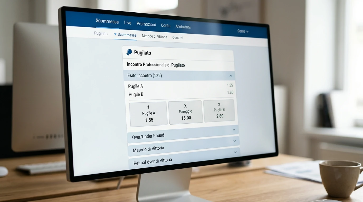 Schermata di un bookmaker ADM con quote 1X2 e moneyline per un incontro di pugilato professionistico