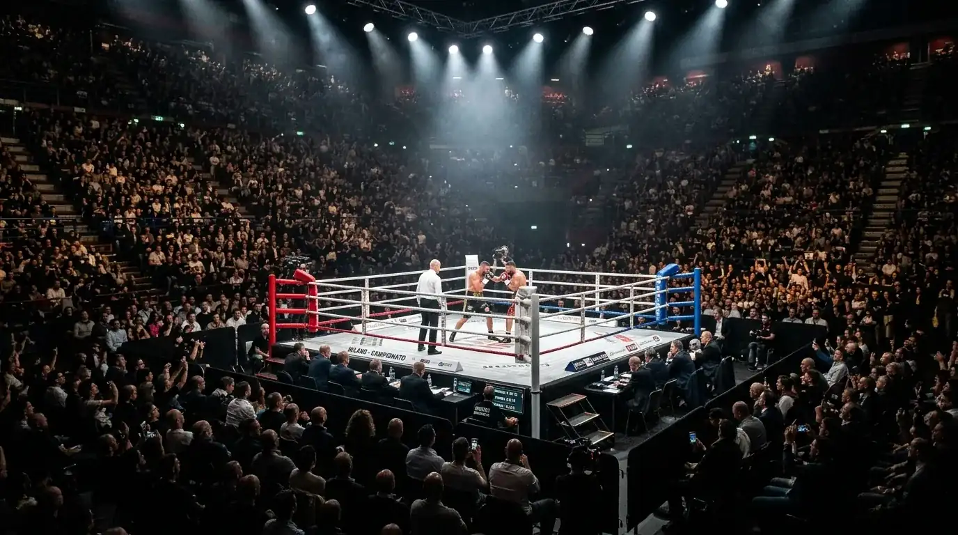 Arena di pugilato gremita di spettatori con illuminazione concentrata sul ring centrale durante una serata di gala