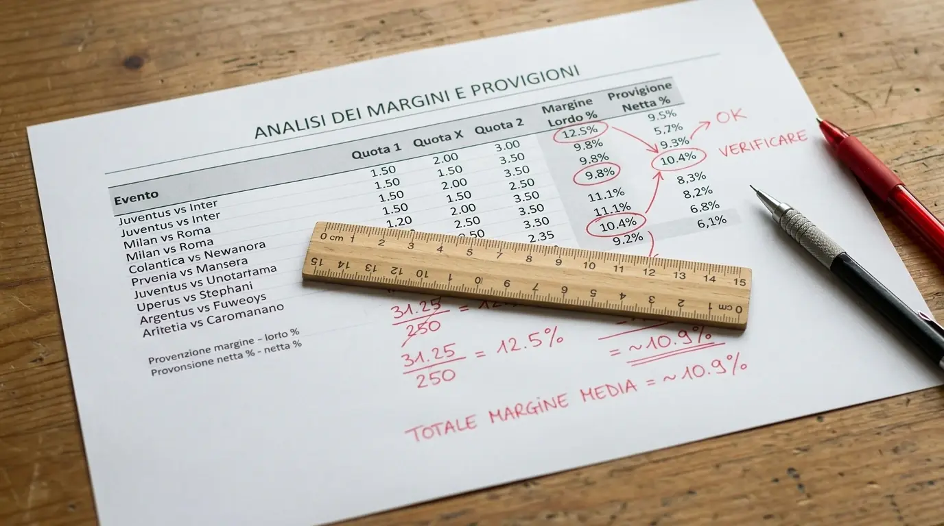 Documento con annotazioni manuali sui margini bookmaker e payout