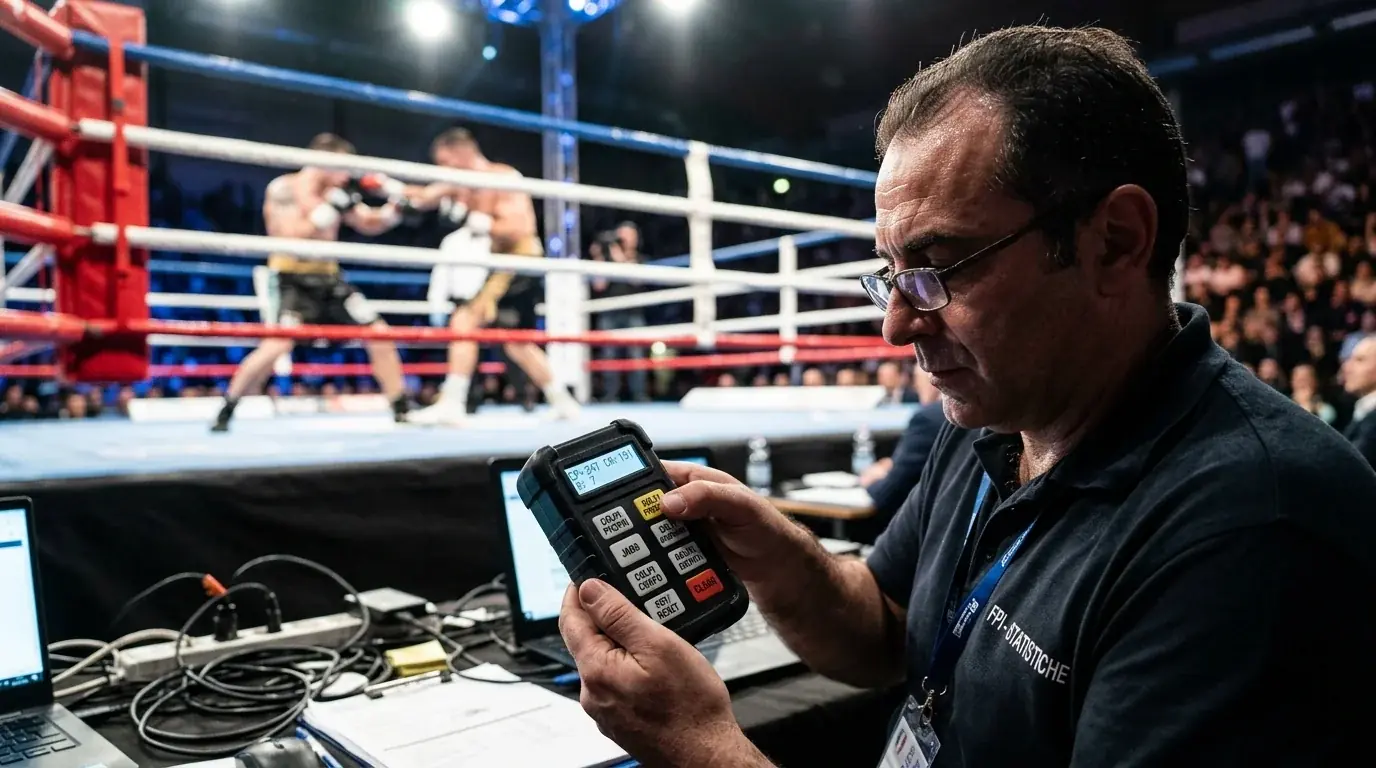Operatore CompuBox a bordo ring registra i colpi tentati e i colpi a segno durante un incontro professionistico