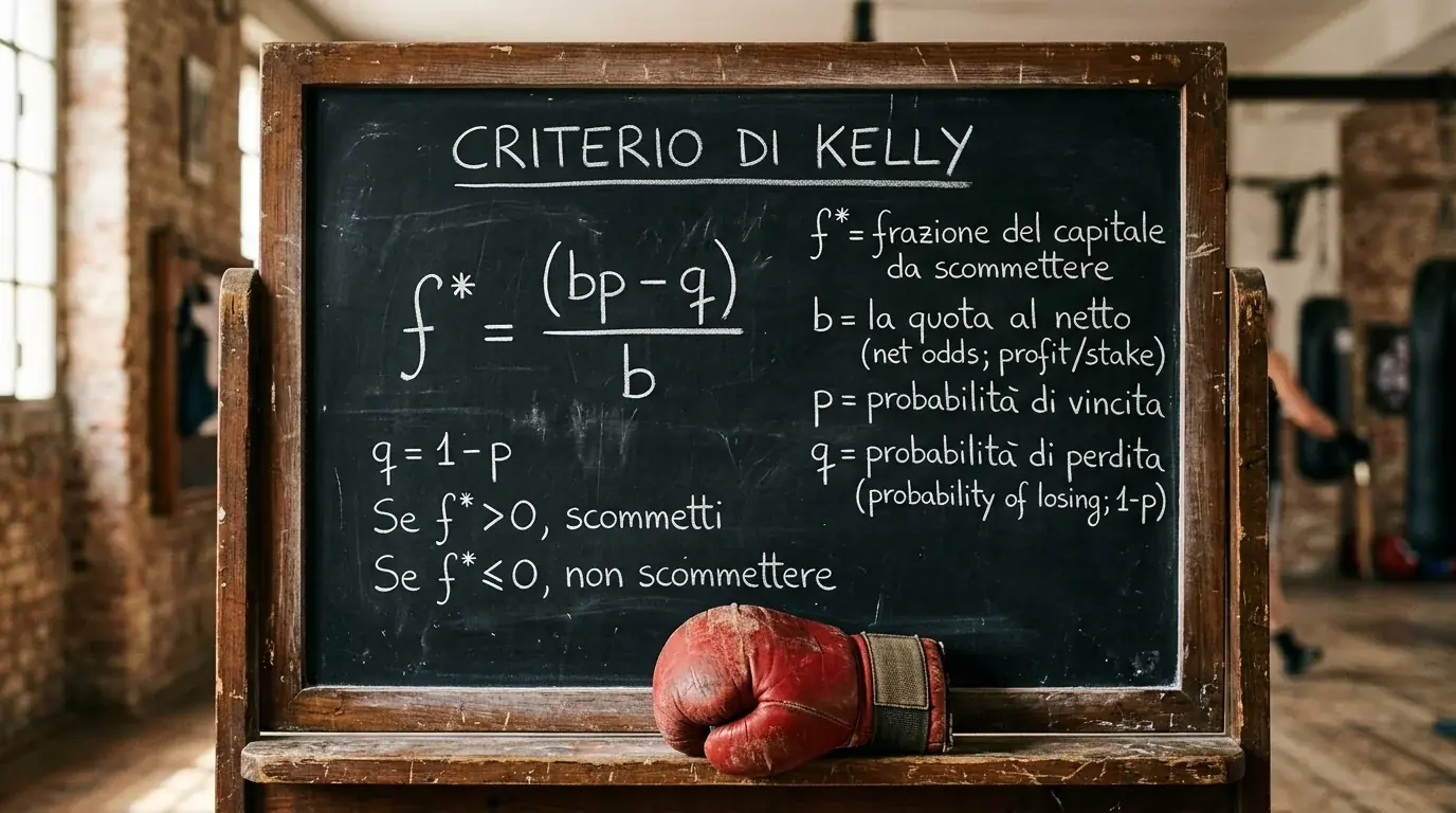 Lavagna con la formula di Kelly scritta a mano e un guantone da boxe accanto