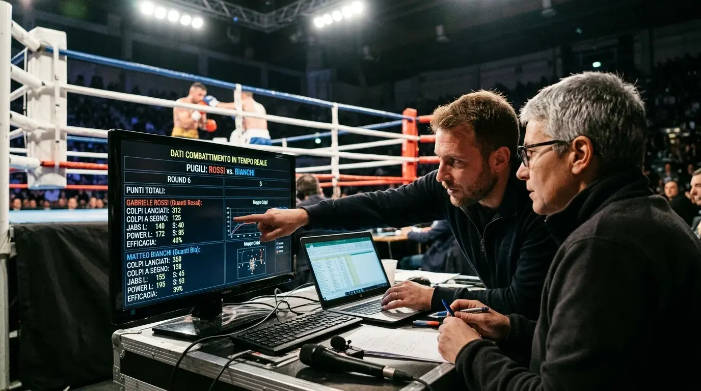 Schermo a bordo ring che mostra statistiche di colpi durante un incontro di boxe