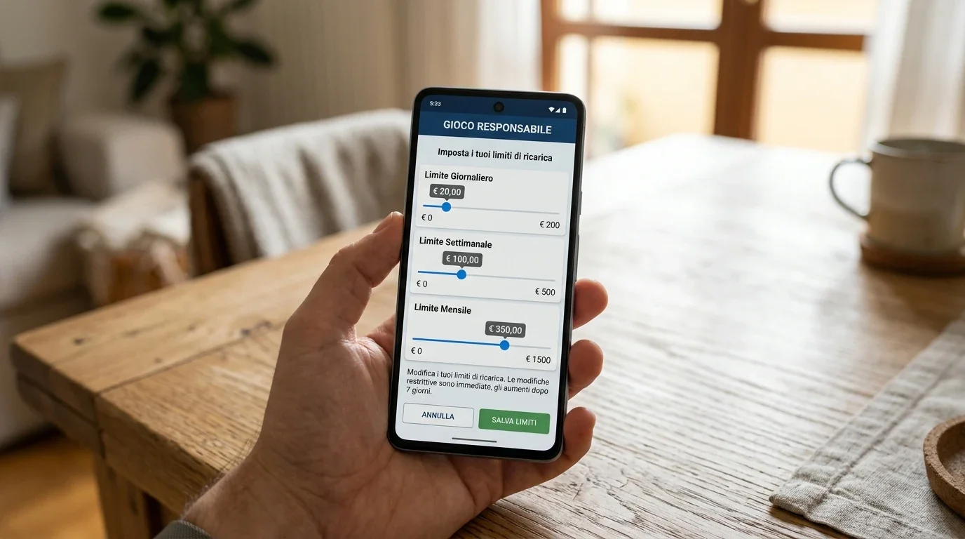 Smartphone con schermata di impostazione dei limiti di deposito giornaliero settimanale e mensile su bookmaker ADM