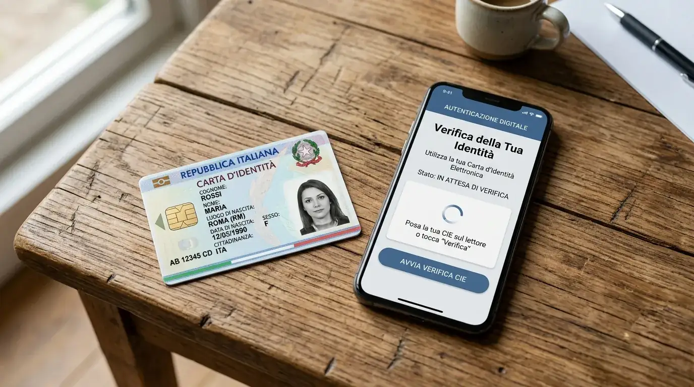 Documento d'identità elettronica e smartphone con app SPID su un tavolo