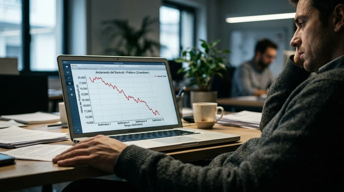Schermo di laptop con un grafico discendente di un bankroll in perdita
