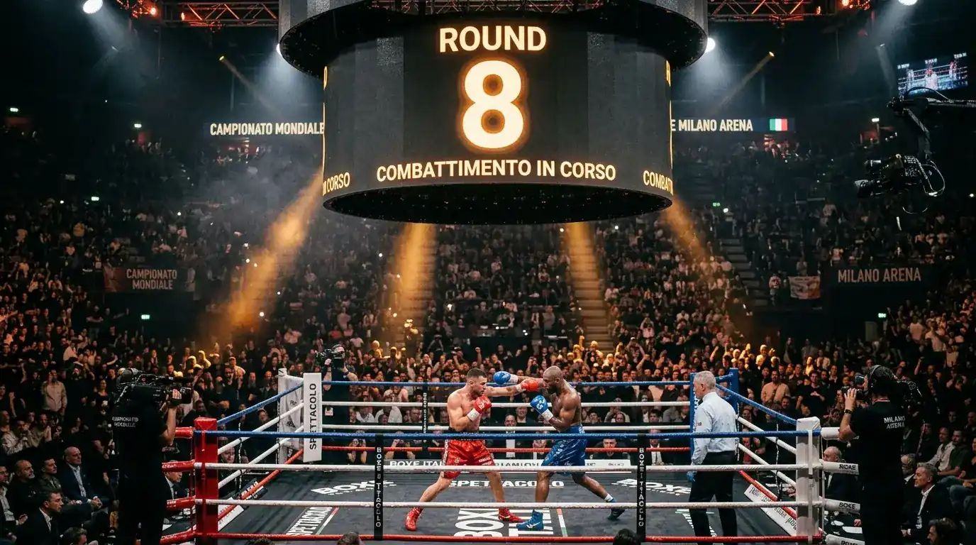 Tabellone digitale del round corrente in primo piano sopra il ring di pugilato con illuminazione del match