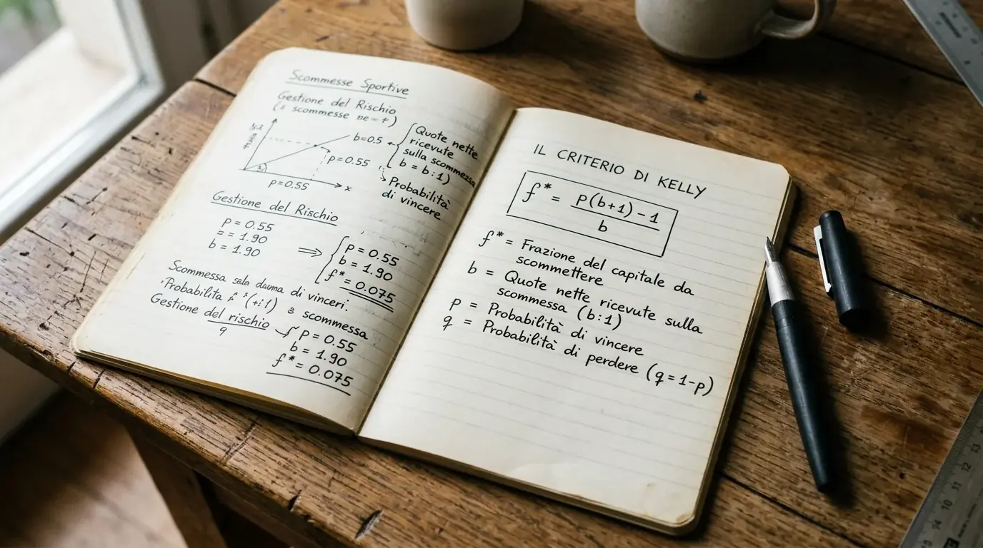 Quaderno aperto con la formula di Kelly scritta a mano e penna
