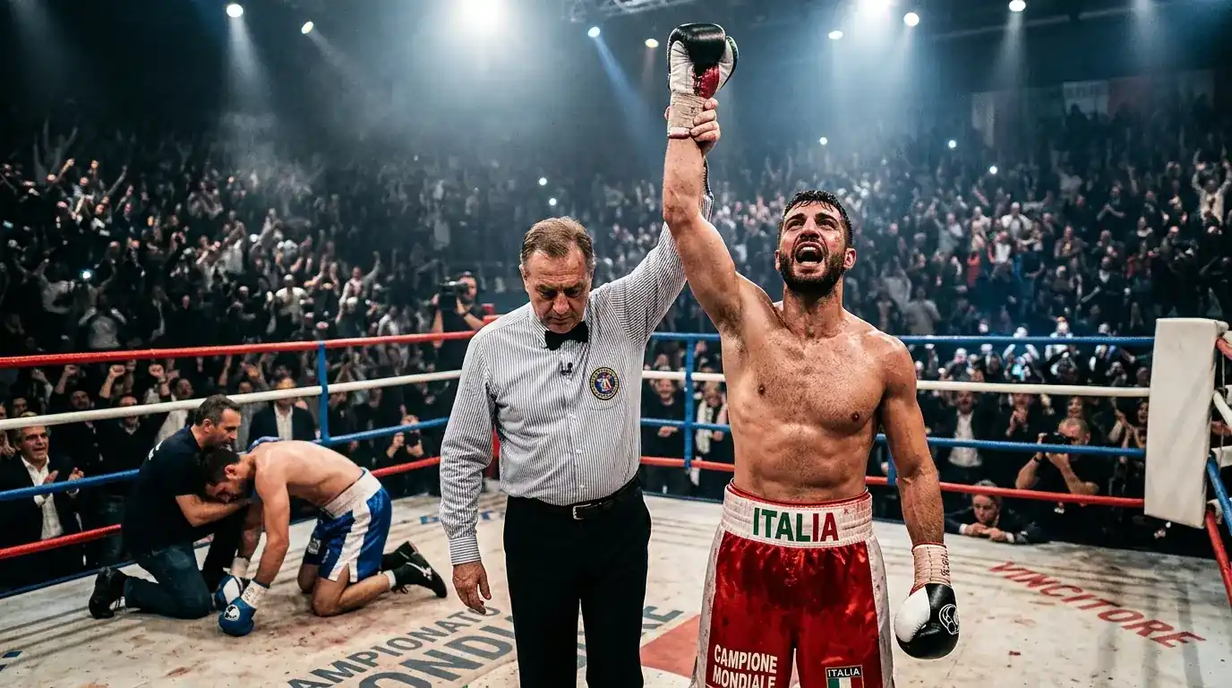 Finale di un incontro mondiale di pugilato con arbitro che dichiara la vittoria