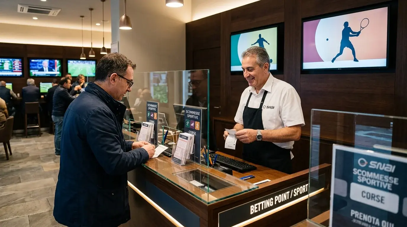 Banco di un'agenzia di scommesse sportive in Italia con monitor delle quote