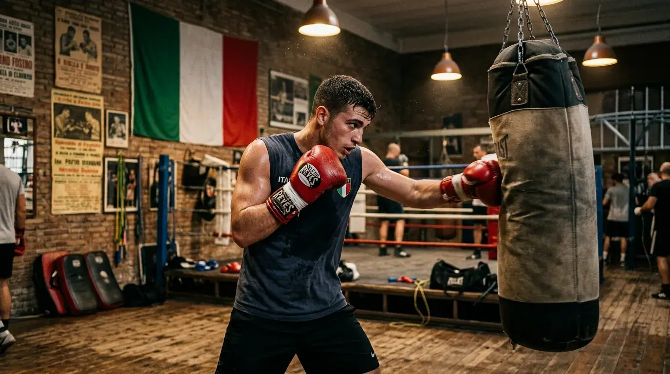 Pugile italiano si allena in una palestra con bandiera tricolore appesa al muro