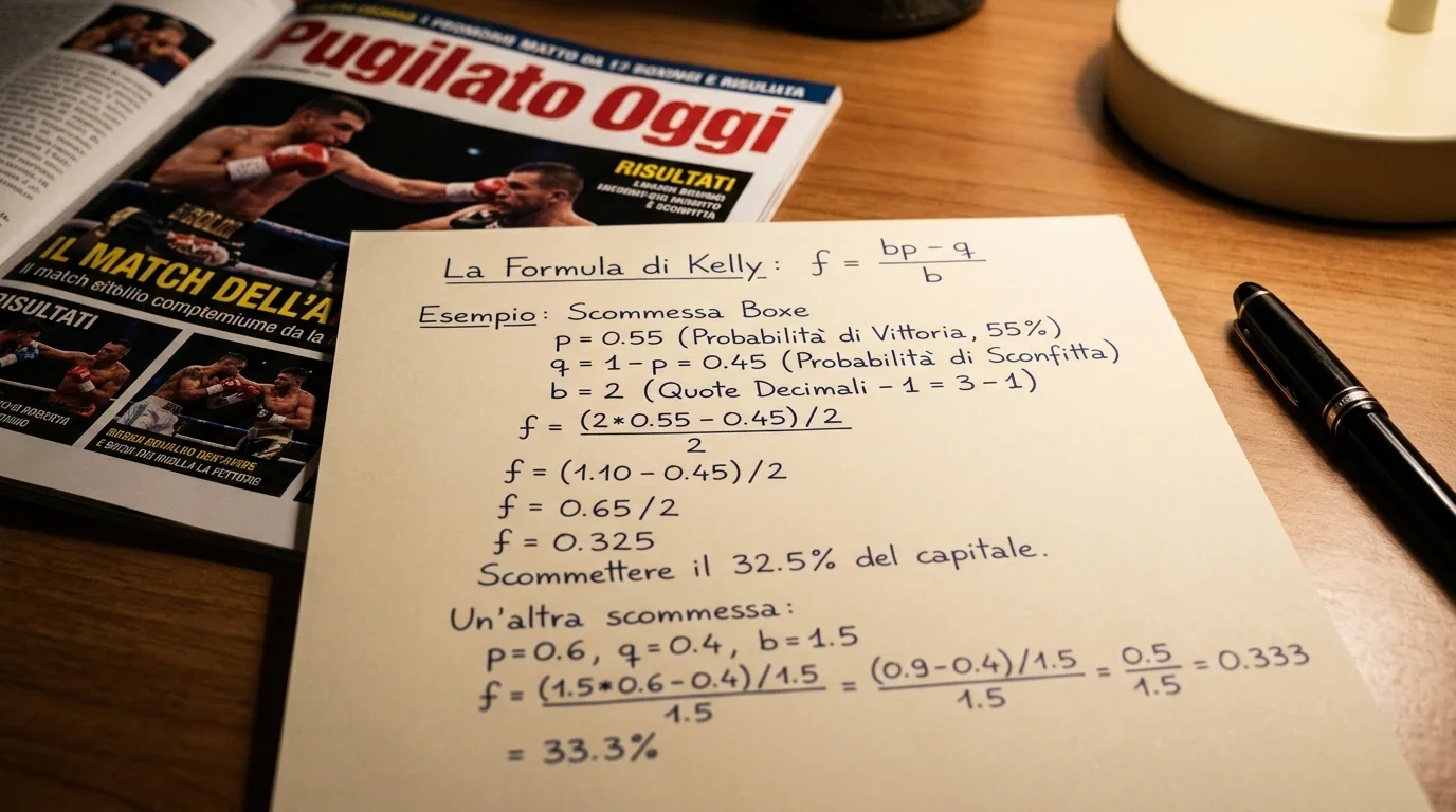 Foglio con formula del criterio di Kelly scritta a mano e calcolo di staking frazionato per scommesse pugilato