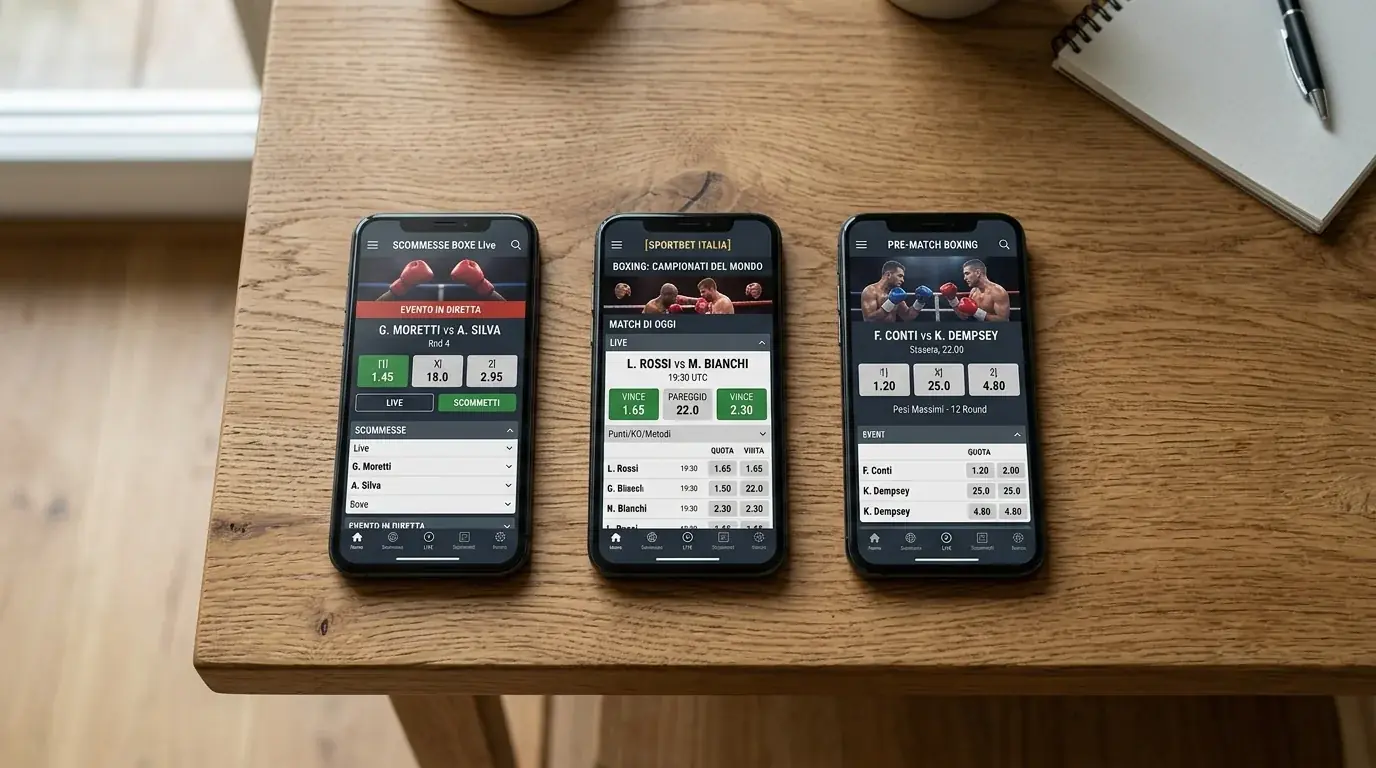 Tre smartphone affiancati con app di scommesse aperte su un palinsesto di pugilato