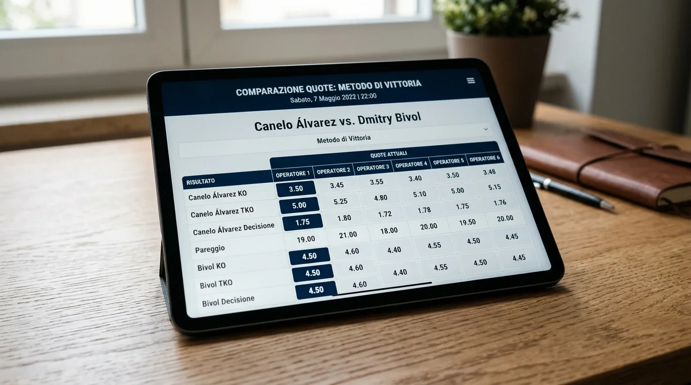 Tablet con elenco quote del metodo di vittoria per un incontro di pugilato confrontate tra piu bookmaker