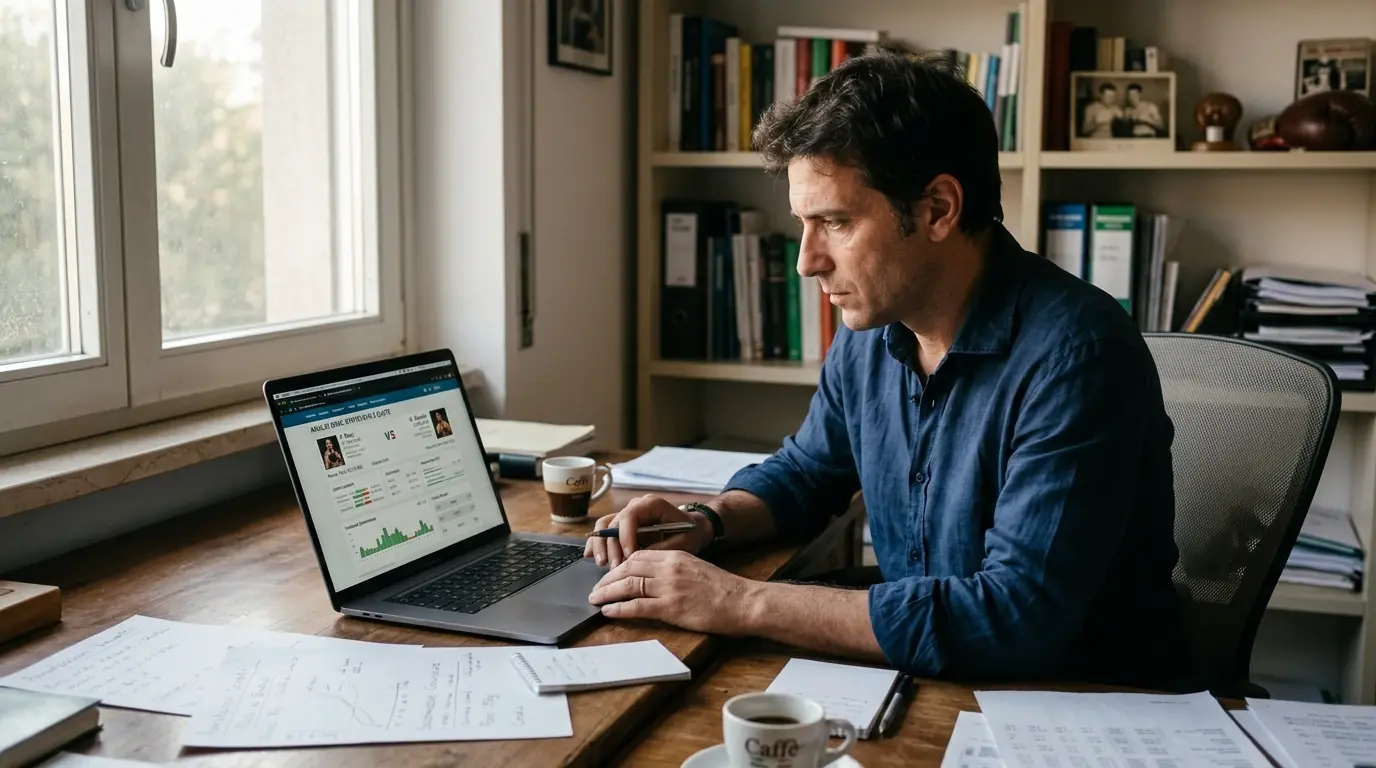 Analista studia statistiche di pugilato su laptop in ufficio