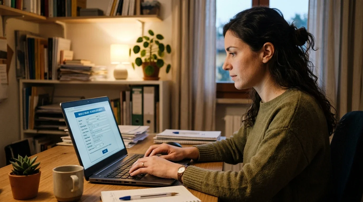 Persona compila un modulo online di richiesta ufficiale su laptop