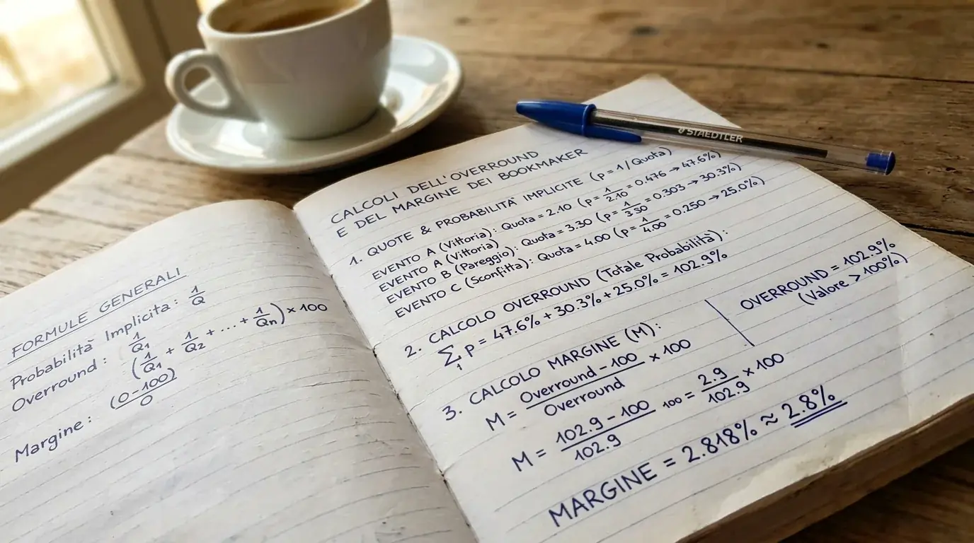 Blocco note aperto con calcoli di margine overround scritti a mano accanto a una tazza di caffe sulla scrivania