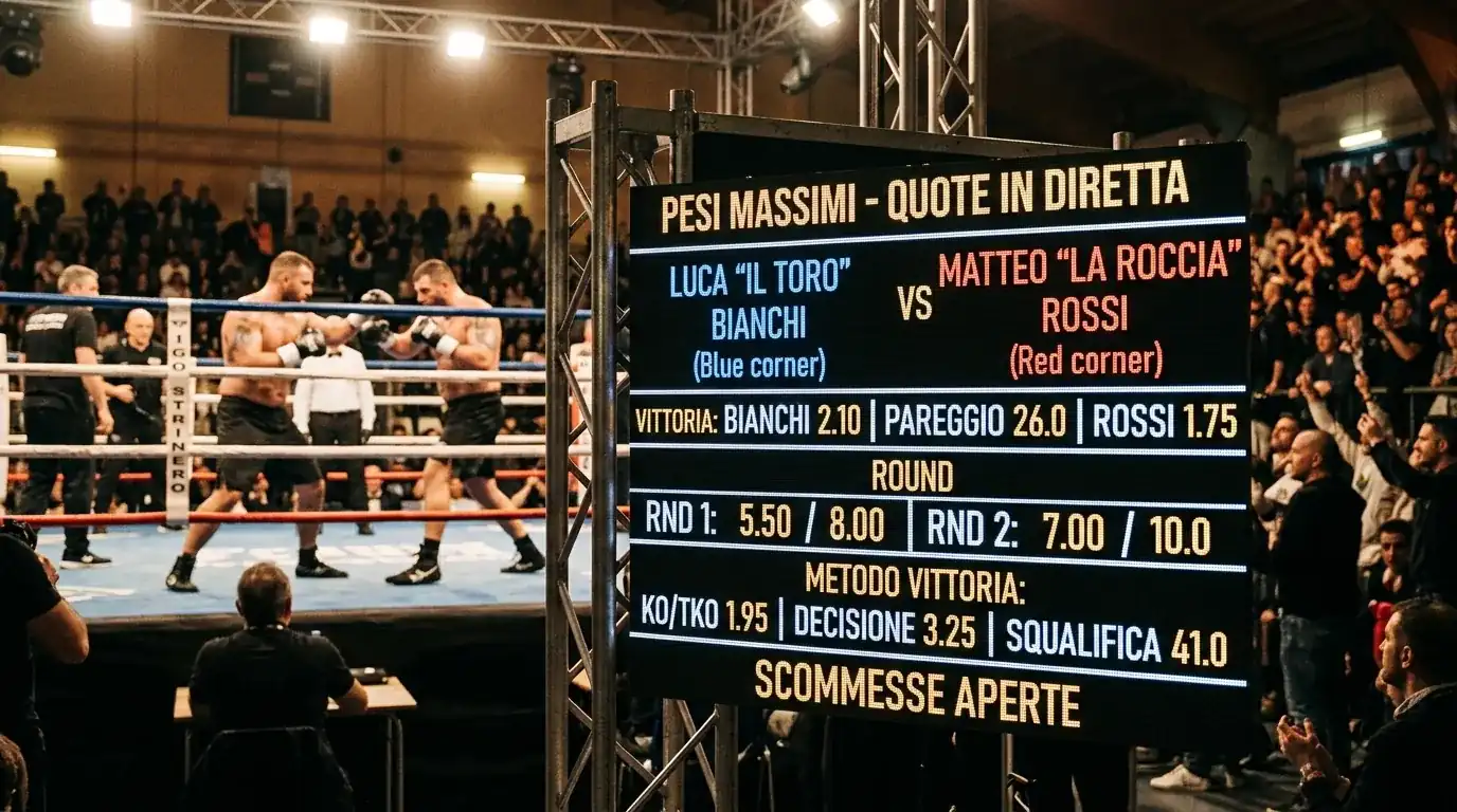 Tabellone digitale a bordo ring con quote pre-match di un incontro di pesi massimi