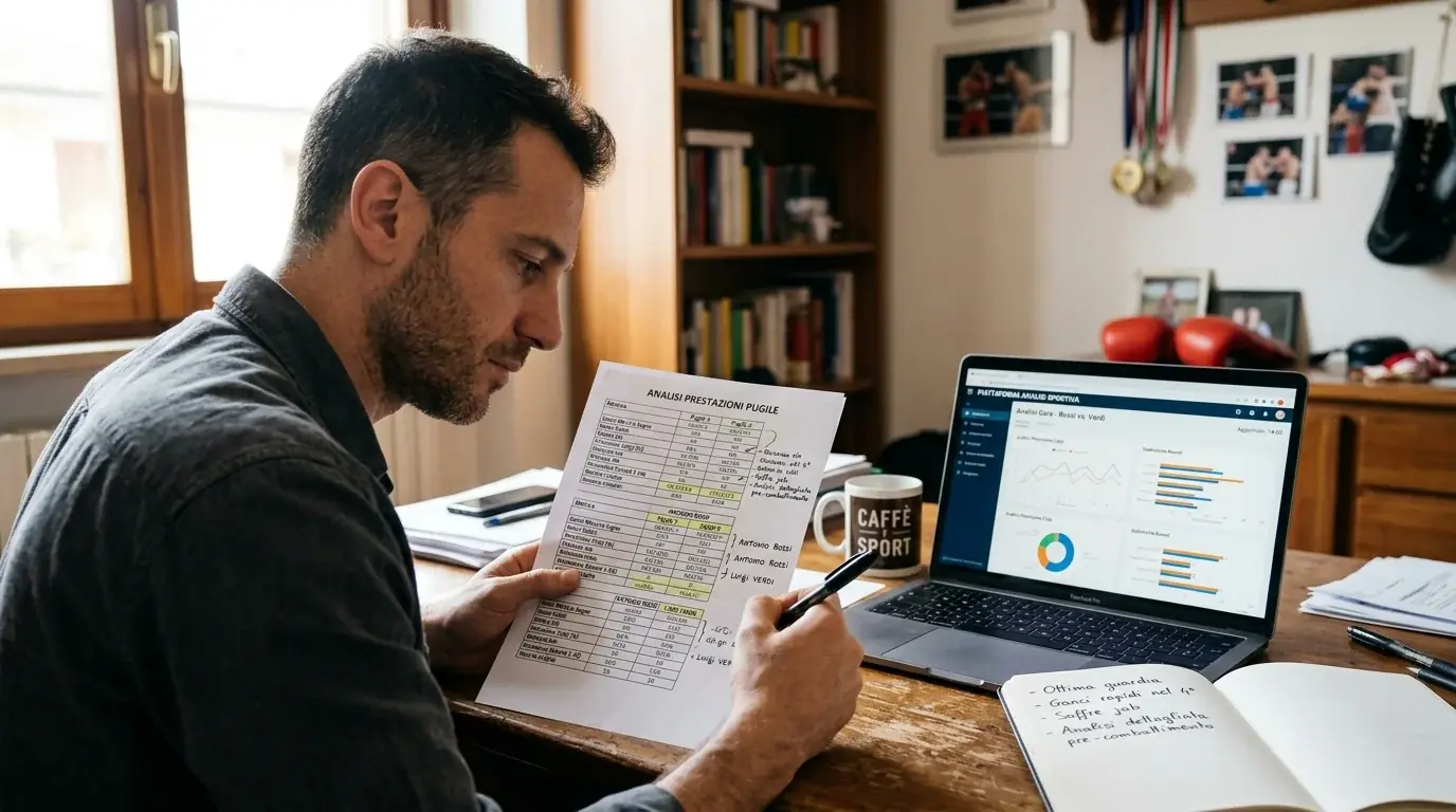 Analista studia tabelle statistiche di un pugile prima dell'incontro