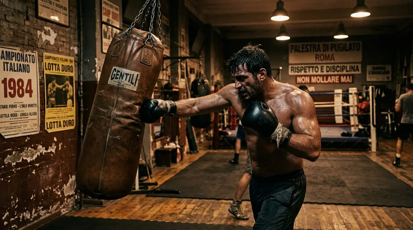 Pugile puncher esplosivo durante l'allenamento sul sacco pesante in palestra
