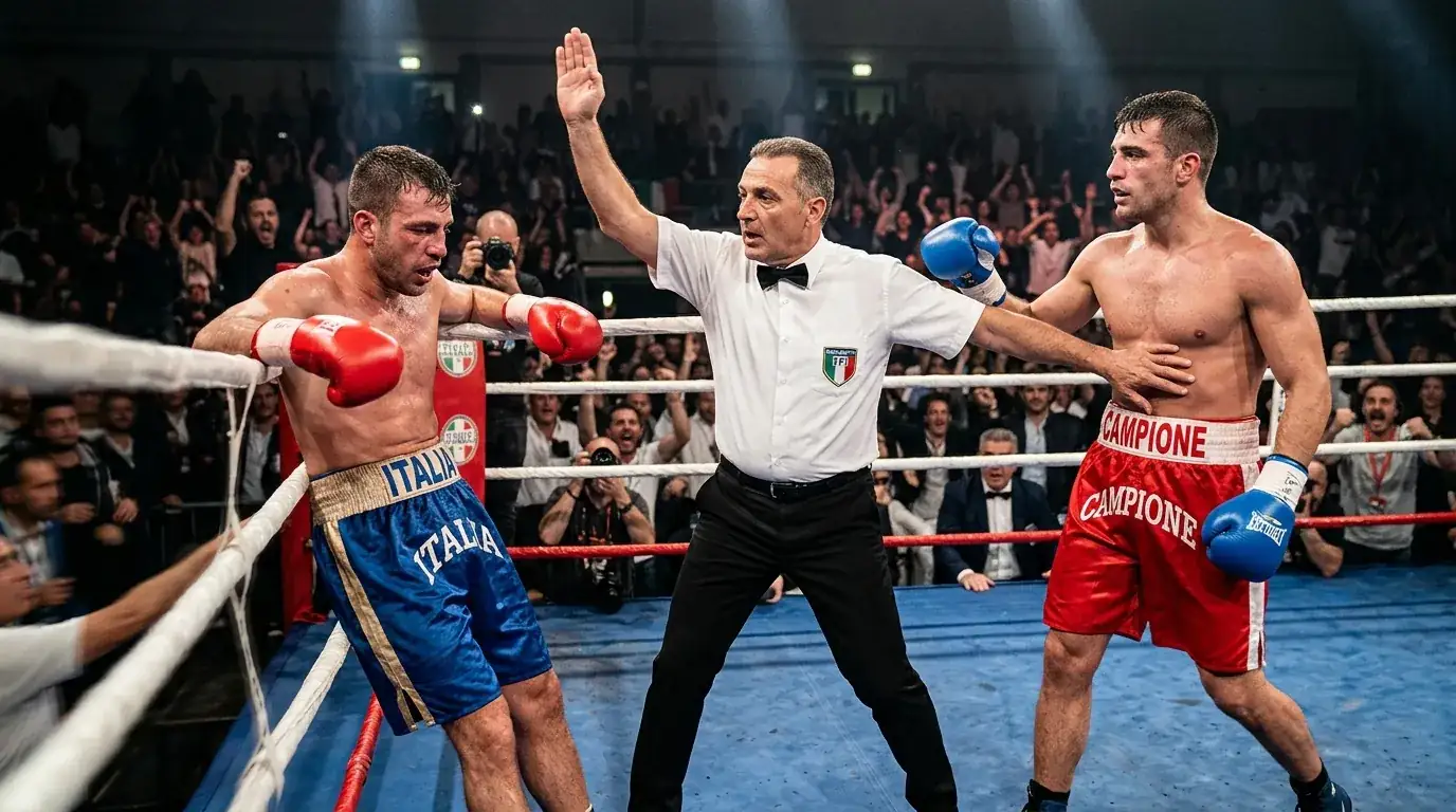 Arbitro che ferma un incontro di pugilato dichiarando il TKO