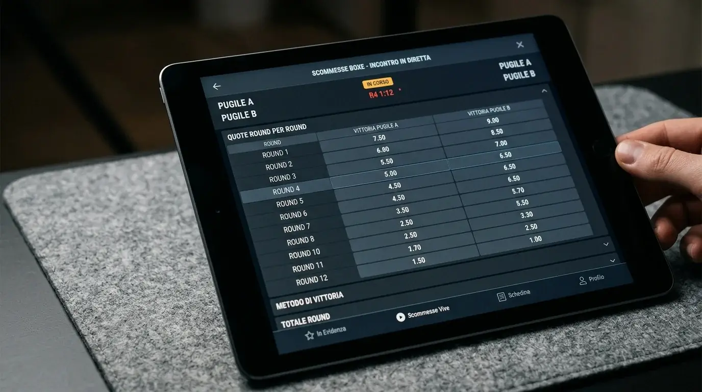 Schermata di scheda quote round esatto su tablet di un bookmaker