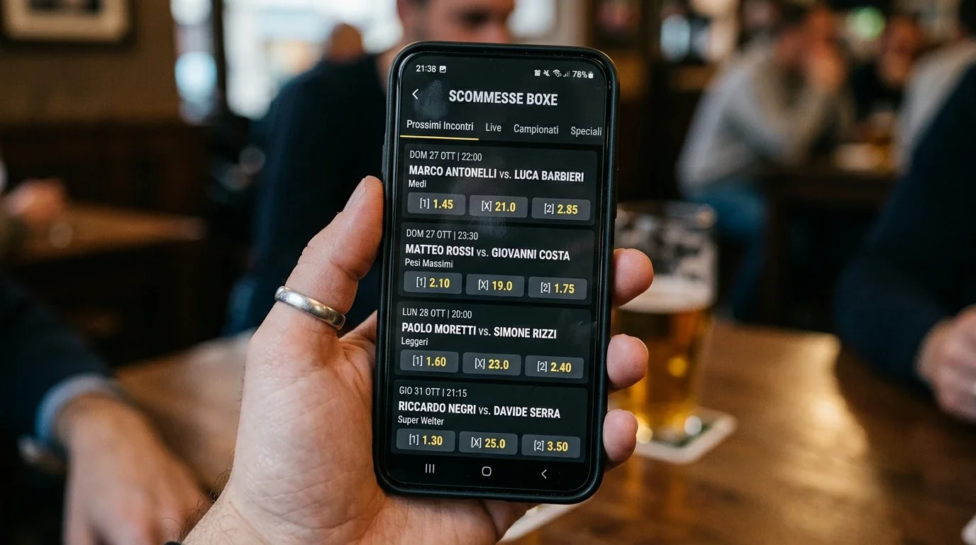 Schermata di app di scommesse con palinsesto di pugilato e quote