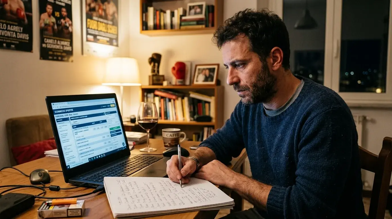 Scommettitore italiano analizza quote di pugilato su laptop di casa