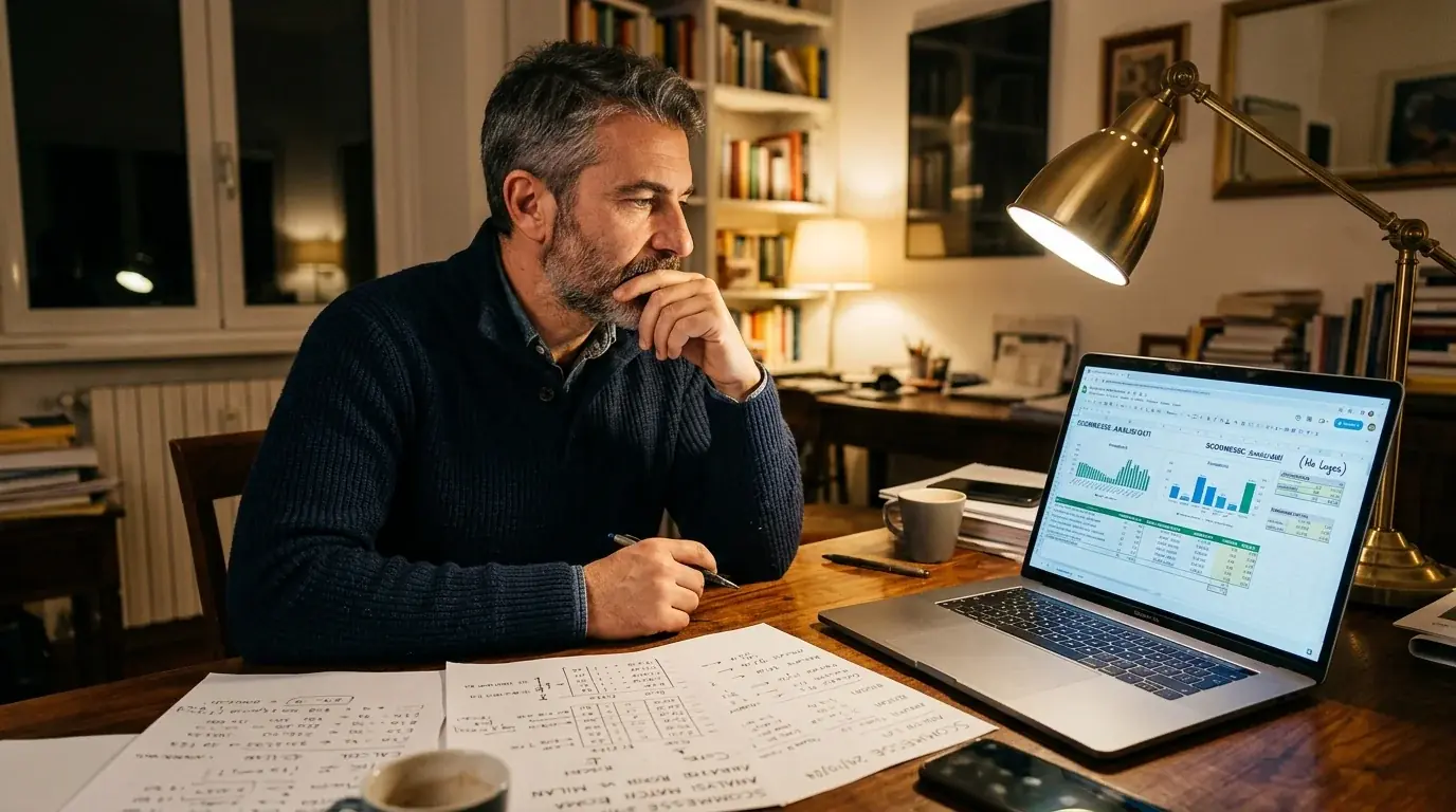 Scommettitore concentrato che valuta le opzioni di puntata davanti al laptop