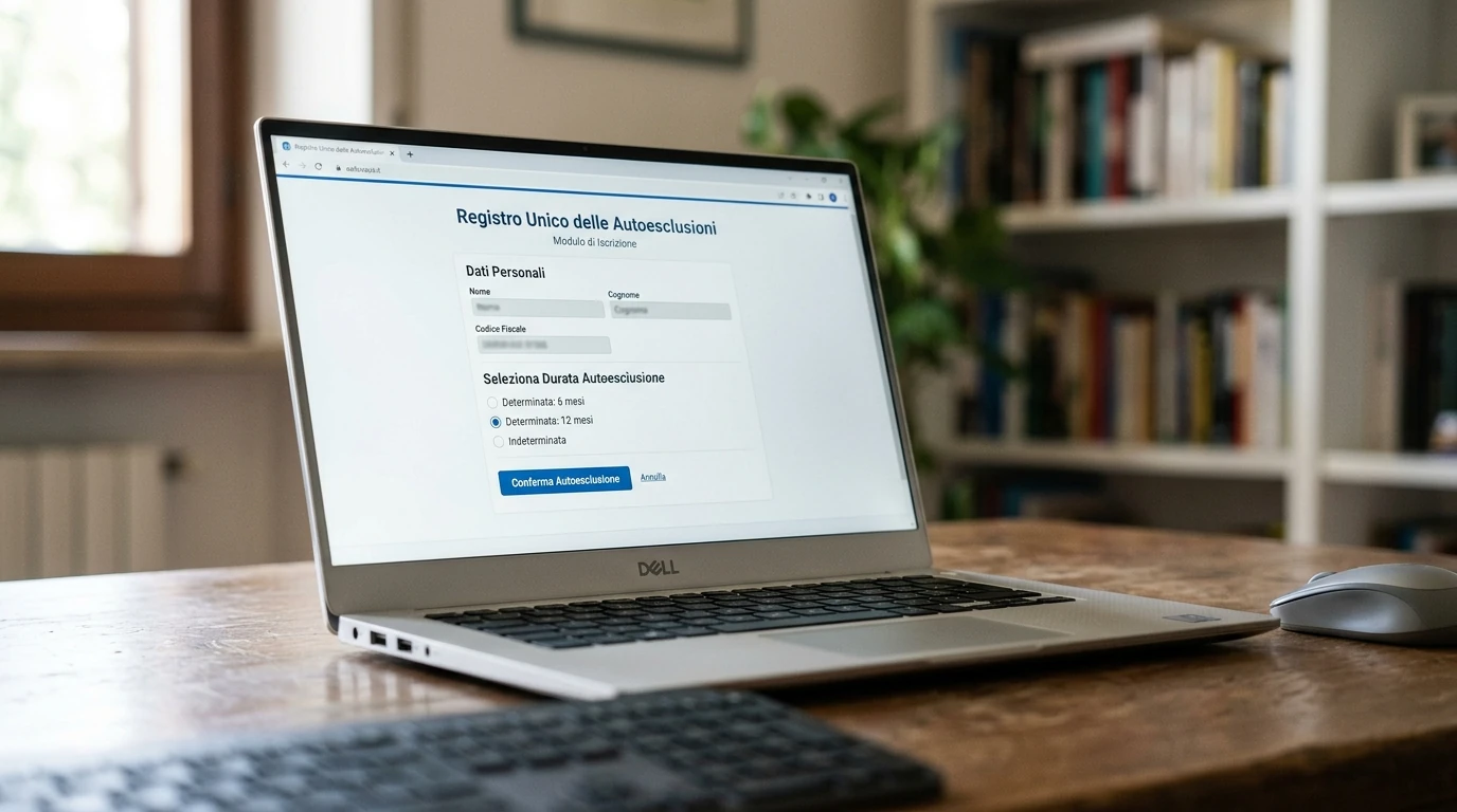 Modulo di iscrizione al Registro Unico ADM per autoesclusione compilato su schermo di un laptop