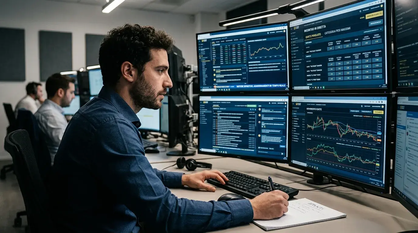 Analista trader davanti a schermi multipli con grafici di quote di pugilato e modelli di pricing in tempo reale