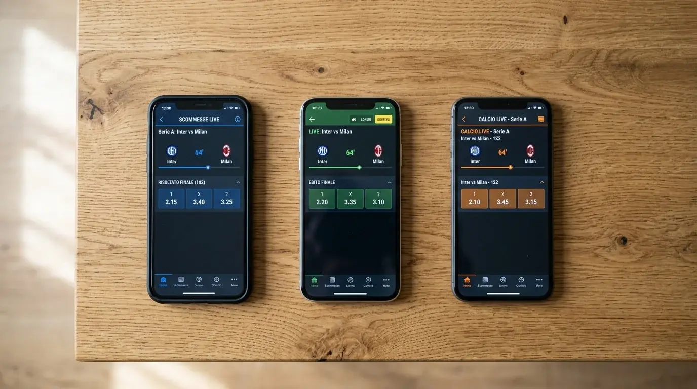 Tre smartphone allineati che mostrano quote differenti sullo stesso incontro