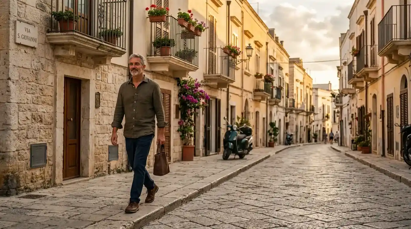 Uomo cammina sereno in una strada italiana al tramonto