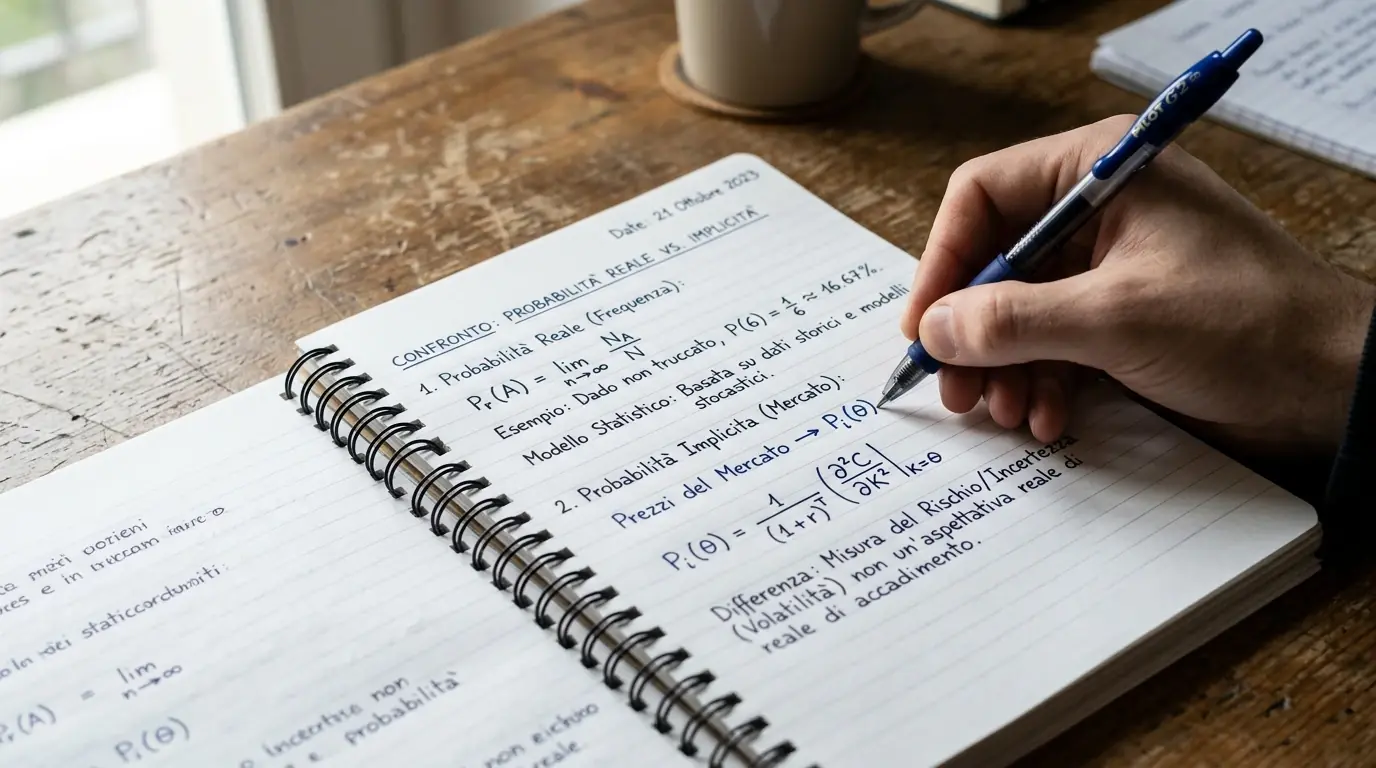 Analista al lavoro scrive su un quaderno il calcolo dell'edge tra probabilita reale e probabilita implicita di una scommessa