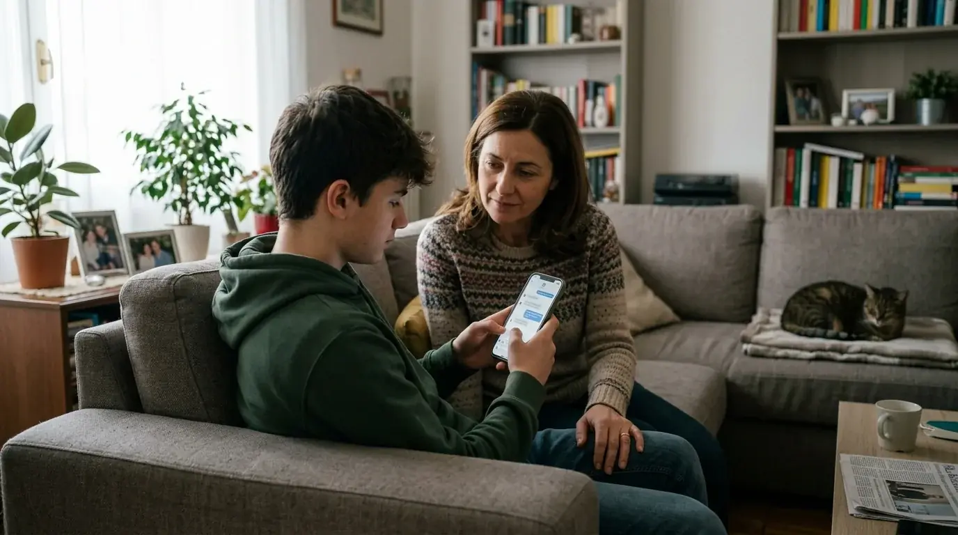 Adolescente concentrato su uno smartphone in ambiente domestico con un genitore vicino in atteggiamento attento